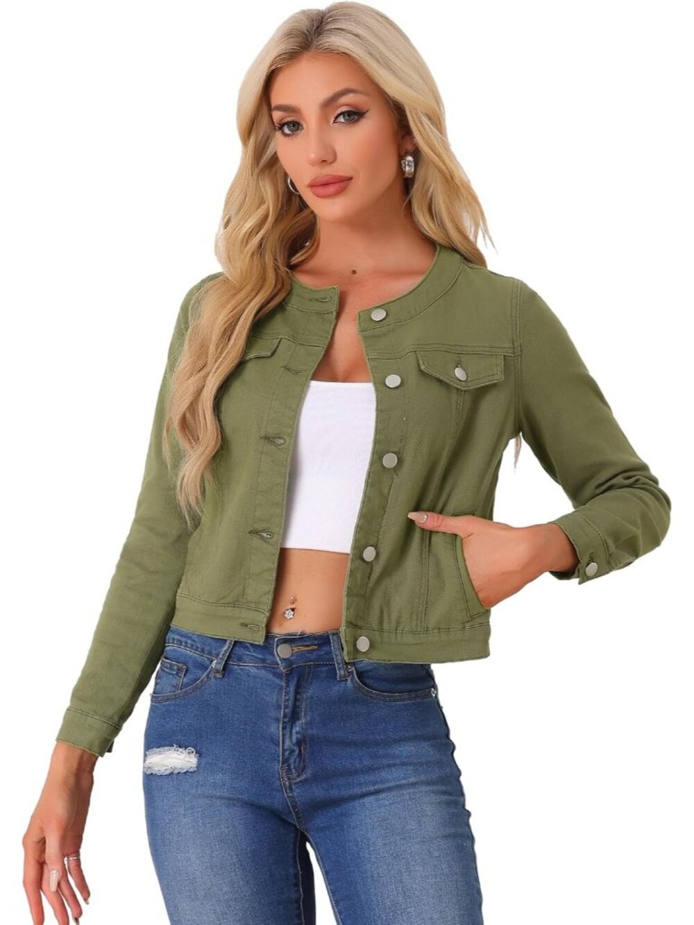 Women's Green Denim Jacket Collarless Round Neck Jean Long Sleeve Jackets